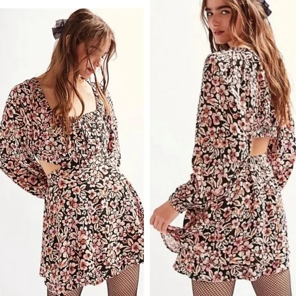 NWT! FREE PEOPLE Jael Printed Mini Dress Medium Floral Black Cutout Boho Puff - Picture 2 of 8